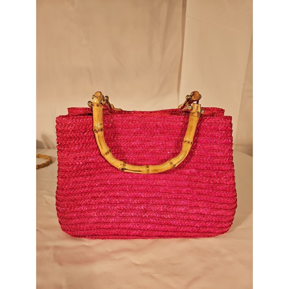 Vintage Pink Woven Straw Bamboo Handle Tote Bag Purse Y2K